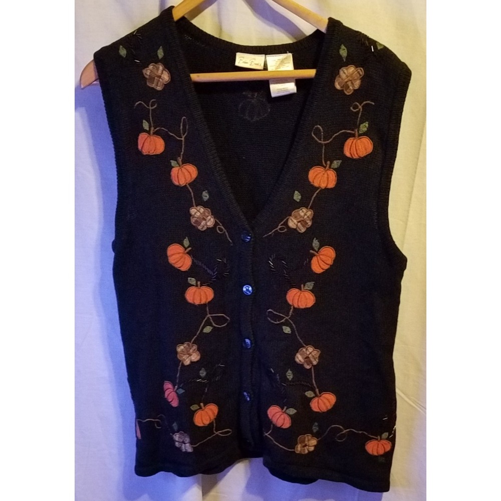 Vtg Y2K Bobbie Brooks Fall Pumpkin Applique Embroidery Beads Sweater Vest Size M